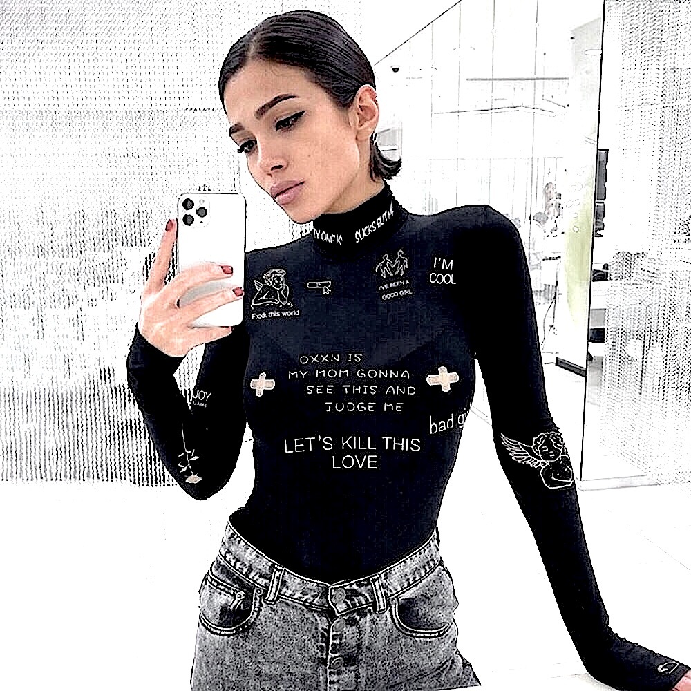 Black graffiti long sleeve bodysuit